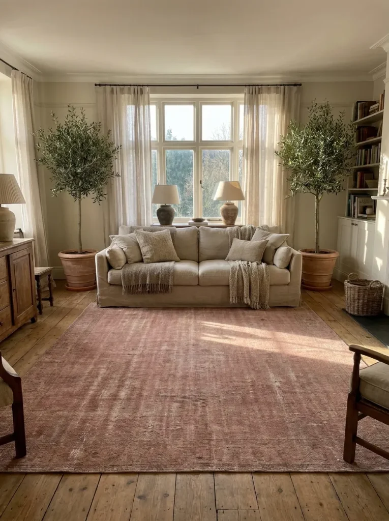 Dusty rose area rug in living room – grown-up blush pink style