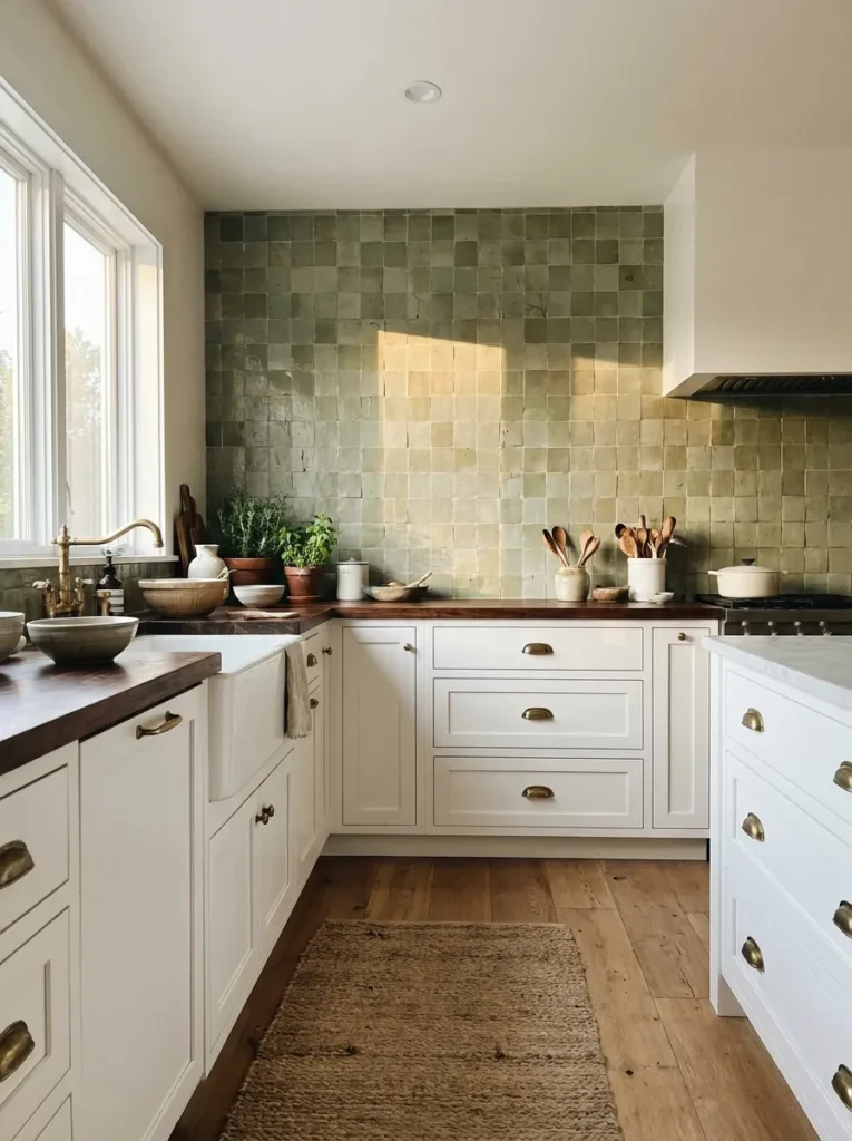 Dusty sage green Zellige tile adding color to a white kitchen