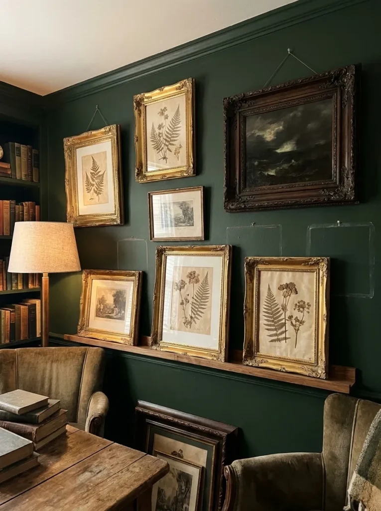Eclectic gallery wall with chipped gold frames and oil portraits – old world vintage aesthetic