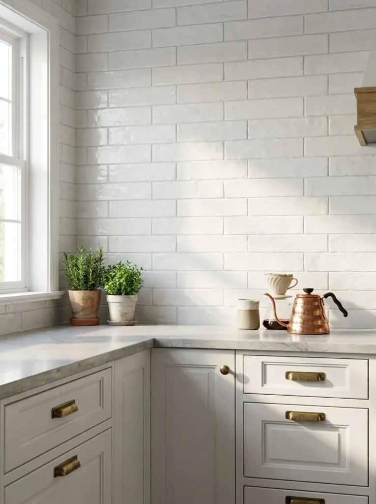 Elongated 4x12 white subway tile in a 50 percent offset brick pattern