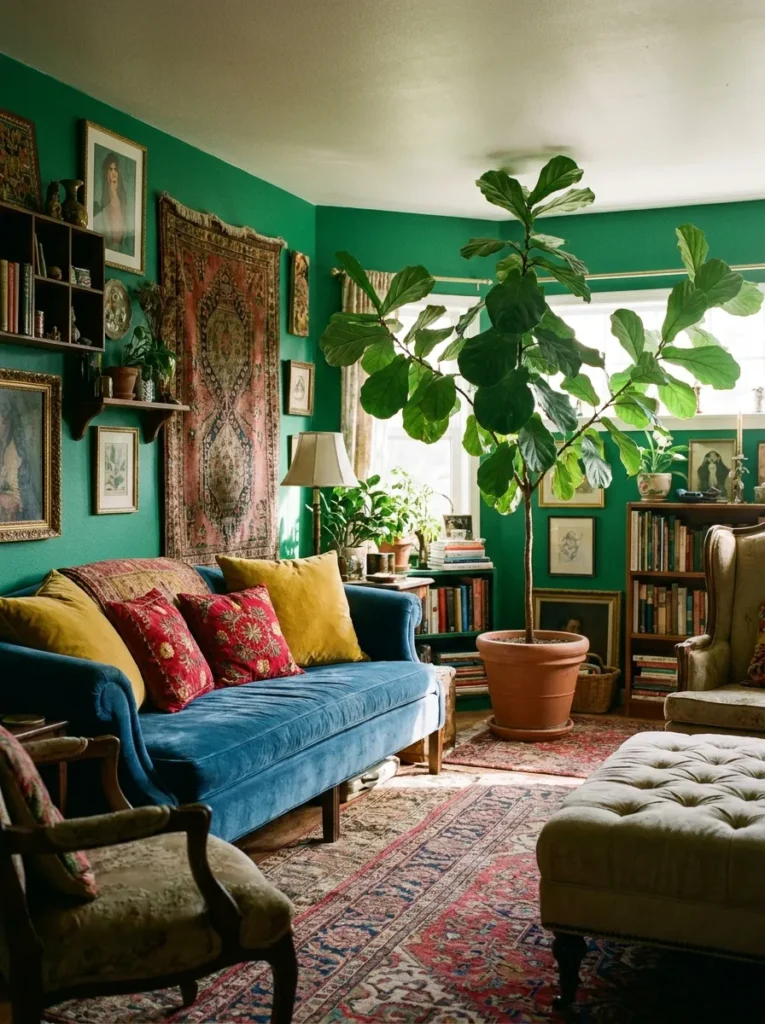 Emerald green walls with sapphire blue sofa – jewel tone maximalist decor