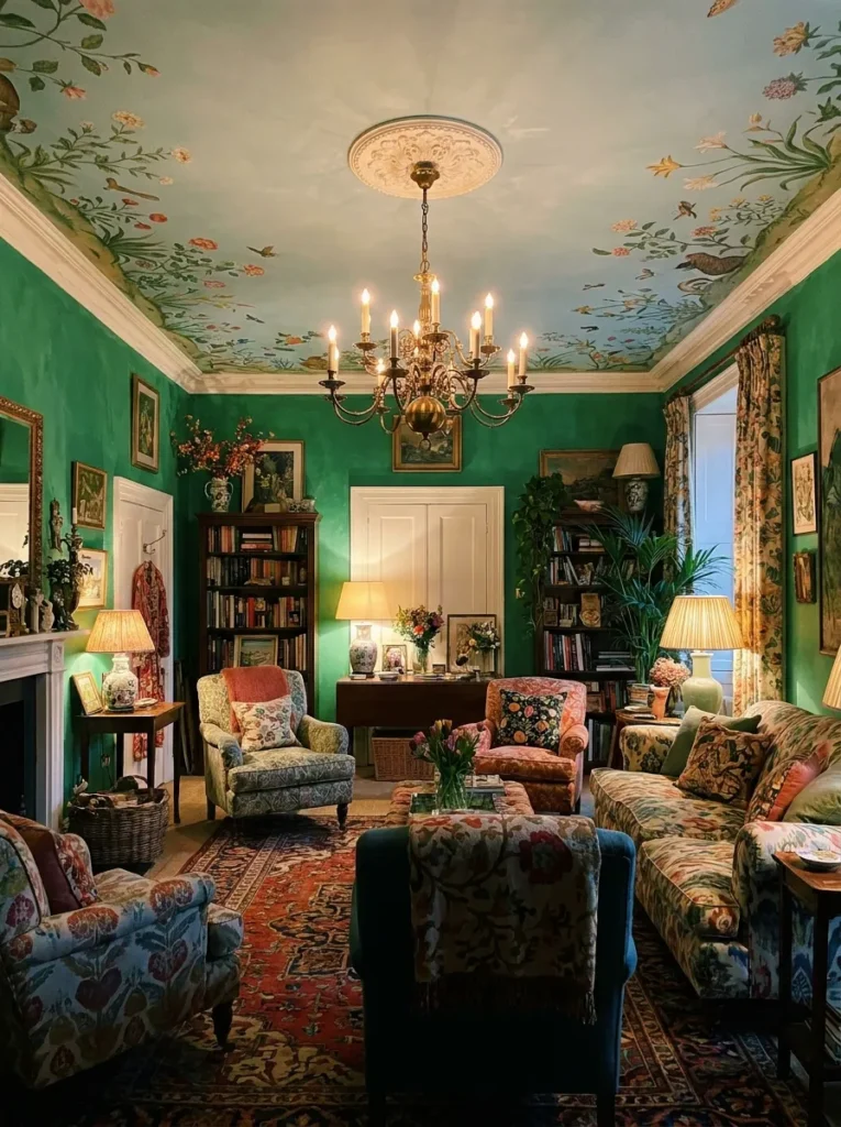 Emerald green walls with a painted pale blue ceiling – color drenching in a maximalist room