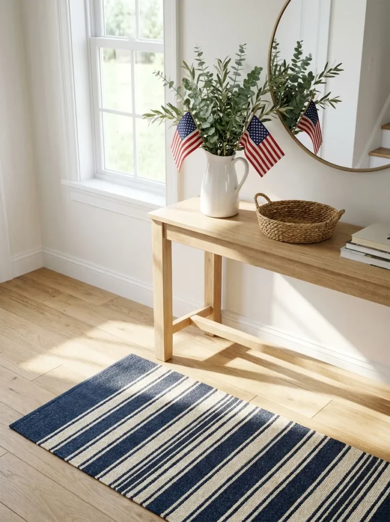 Elegant entryway with navy stripes and a white pitcher holding small flags.