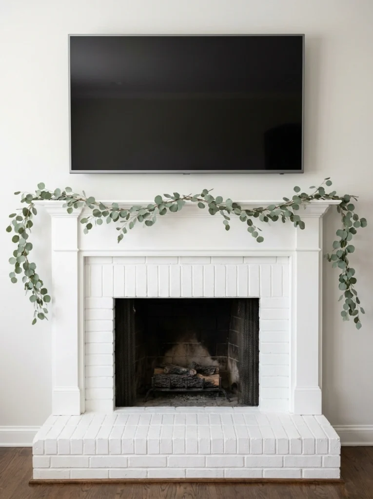 Thin eucalyptus garland draped across a mantel under a TV.