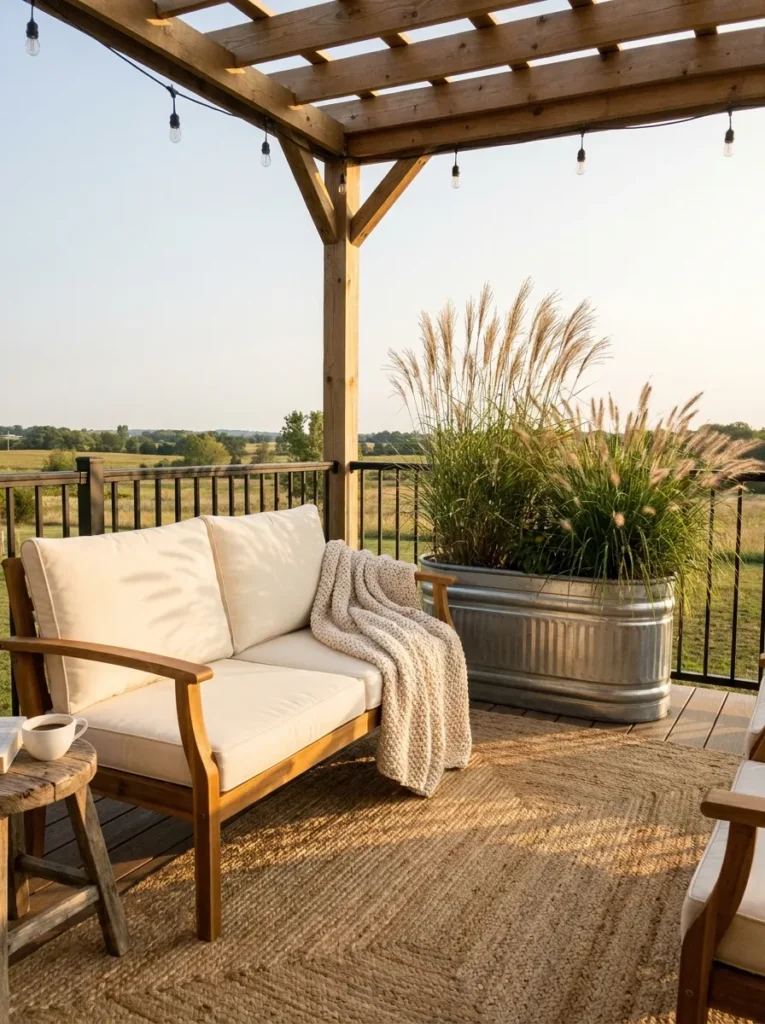 Farmhouse style condo balcony with galvanized planter and acacia wood furniture