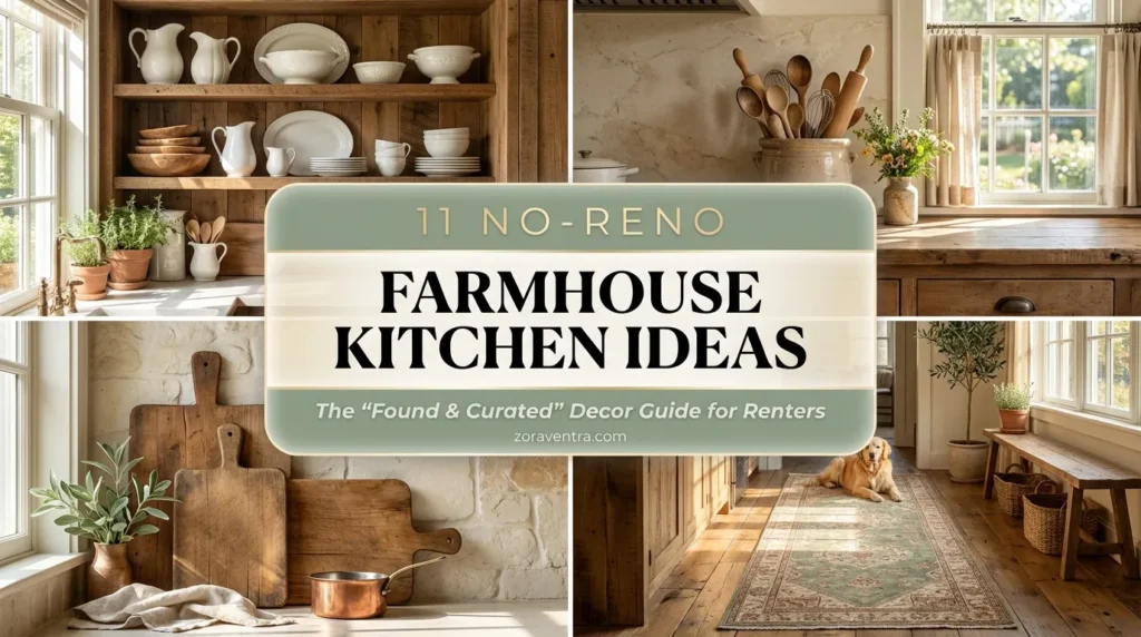 High-end farmhouse cottage kitchen decor ideas featuring open shelving, vintage crocks, and pinstripe linens in a 2x2 collage.