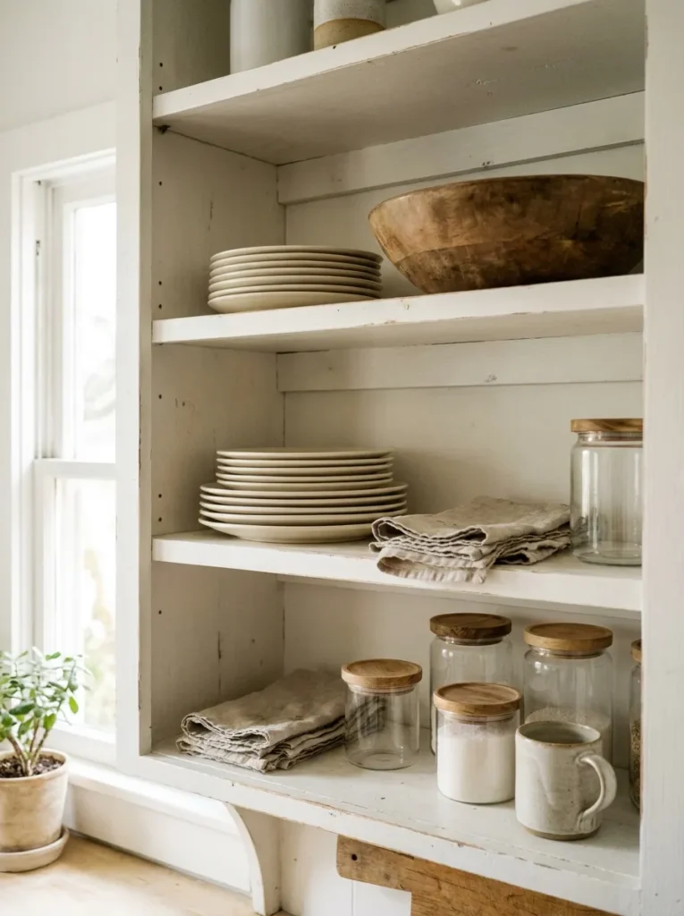 Farmhouse kitchen open shelving with white stoneware and wooden bowls.