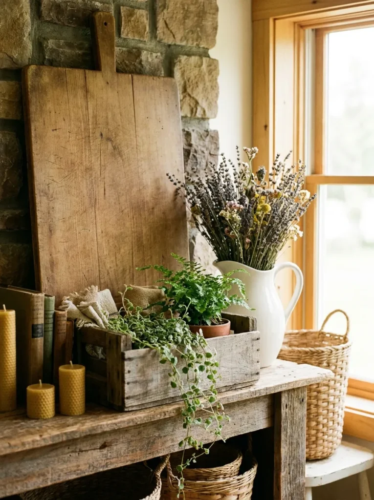 Farmhouse summer mantel – warm and simple budget styling