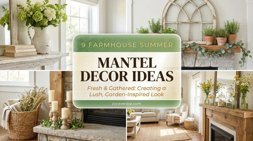 Farmhouse summer mantel decorating ideas with white pitchers, dried botanicals, lamb’s ear and linen for a warm, collected summer look