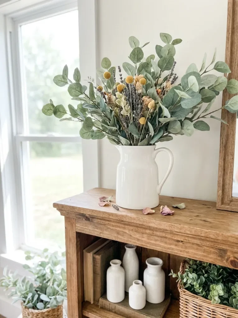 Faux eucalyptus on summer mantel – fresh look with low maintenance