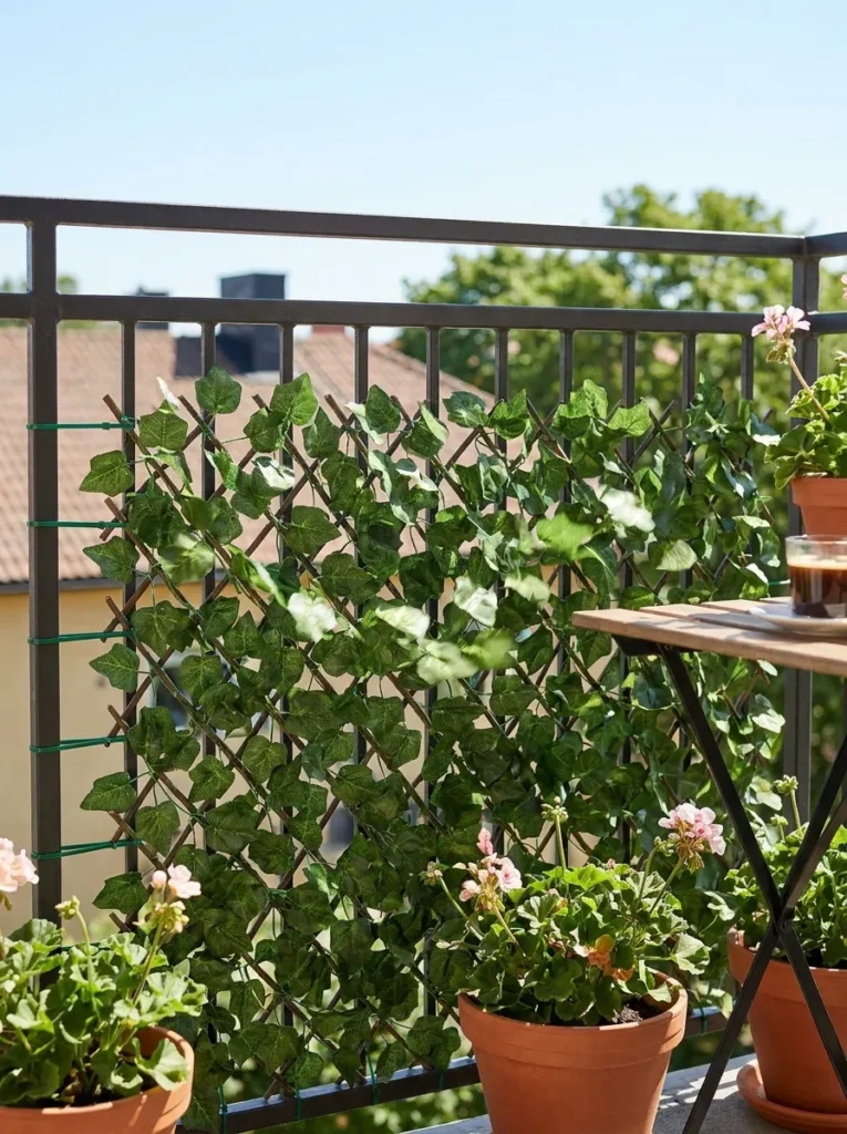 Faux ivy trellis on an apartment railing – HOA friendly balcony privacy