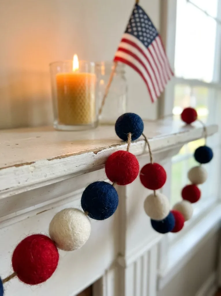 Red white and blue felt ball garland draped over a white mantel.