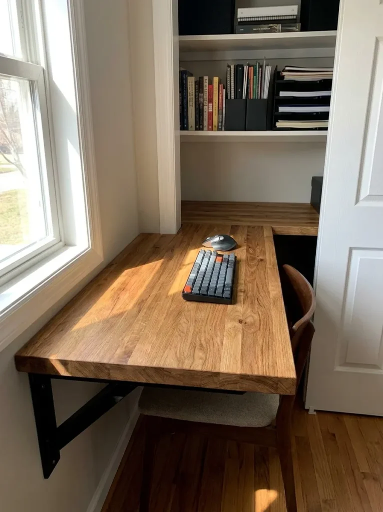 Floating wood butcher block desktop inside a reach-in closet office