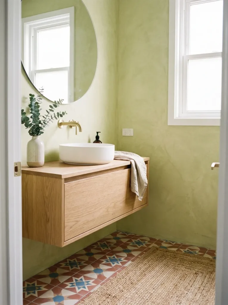 Natural wood floating vanity in a small modern powder room