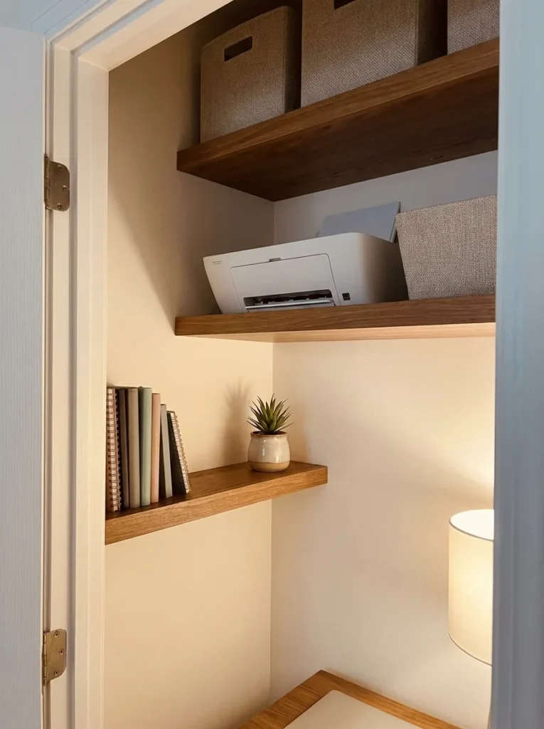 Two tiers of floating wood shelves above a closet desk setup