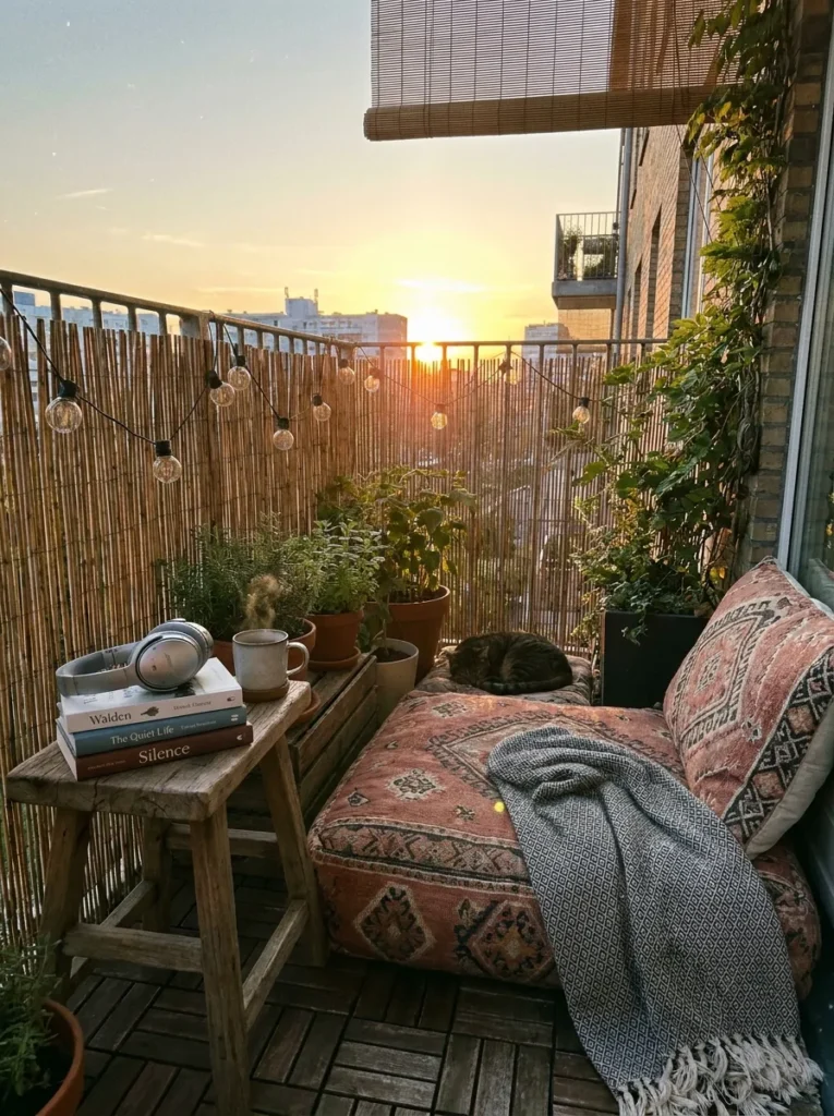Floor cushion facing the sunset with headphones – private balcony setup for quiet time