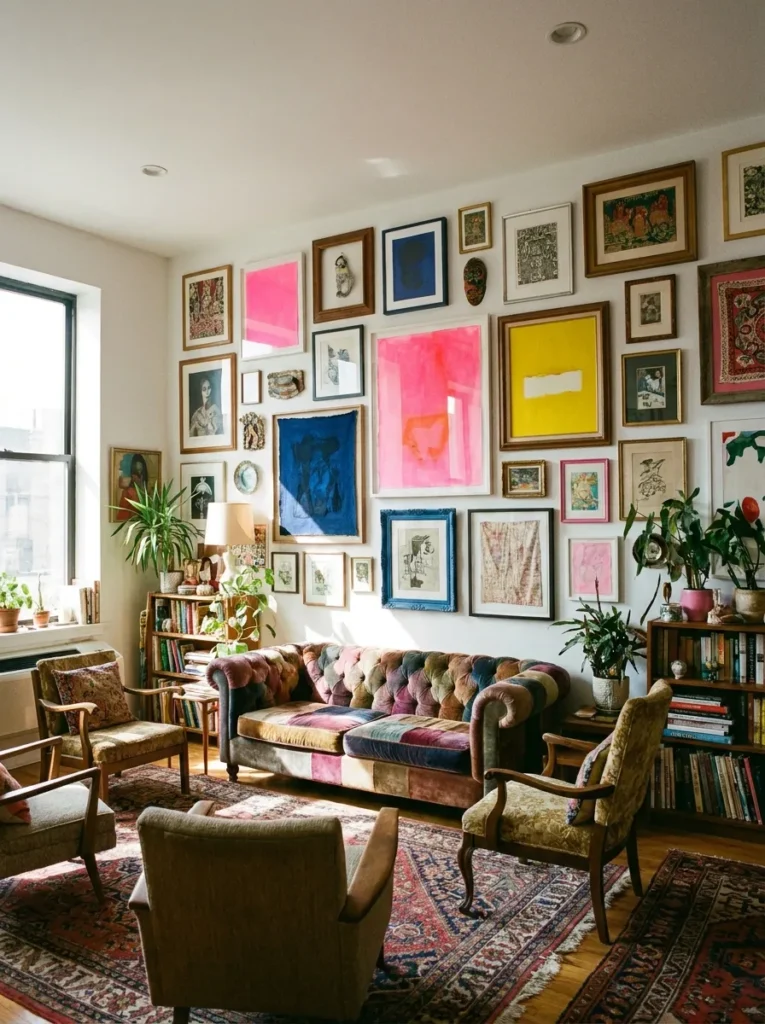 Floor-to-ceiling colorful gallery wall on white paint – maximalist art ideas for renters