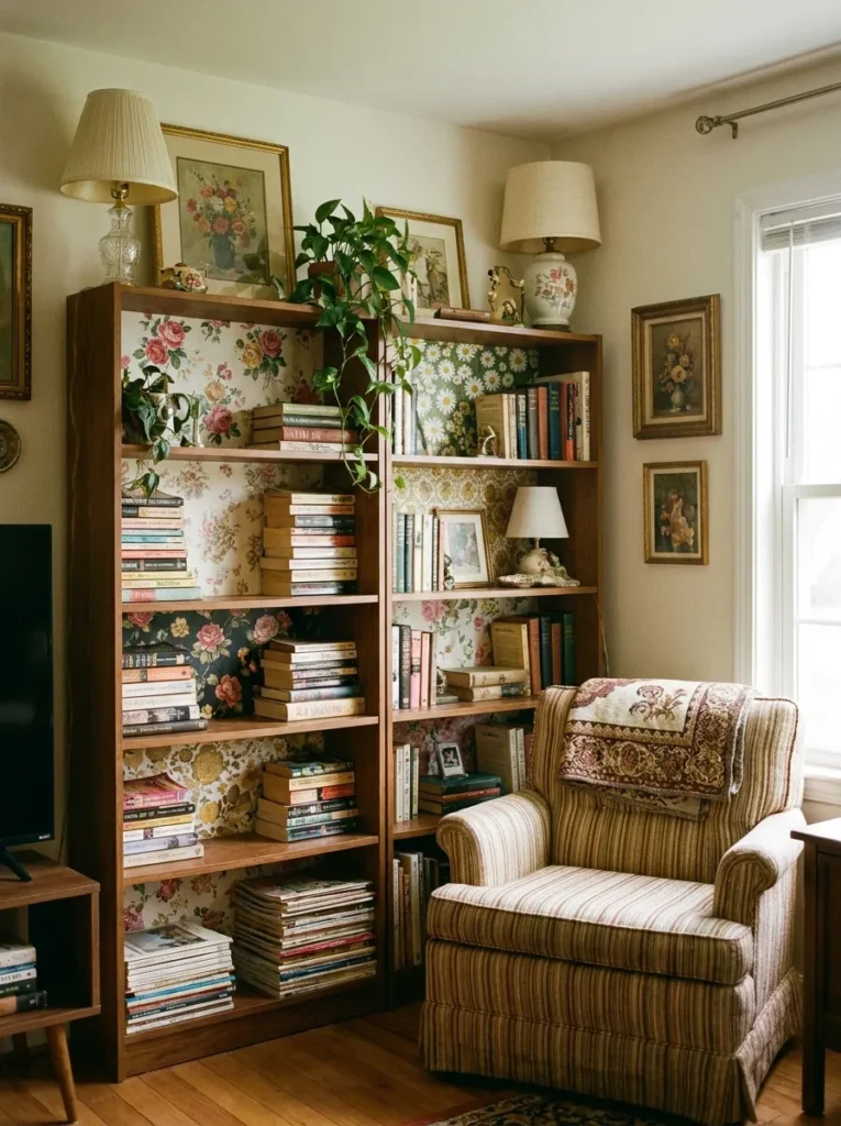 Bookshelf with floral wallpaper backing and striped armchair – pattern mixing on a budget
