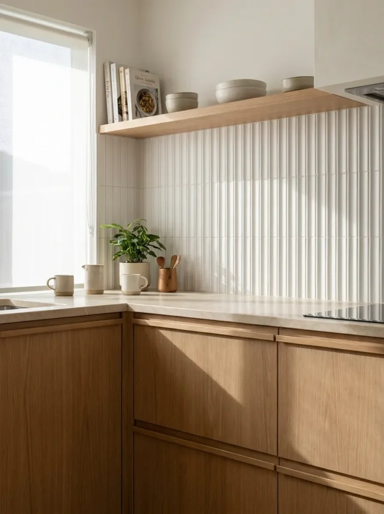 3D fluted white tile backsplash adding texture to a Japandi kitchen