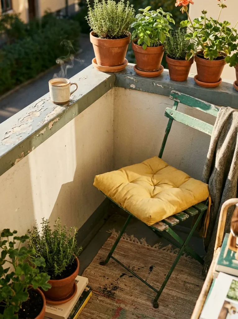 Single folding bistro chair with yellow cushion – perfect scale for small balcony seating