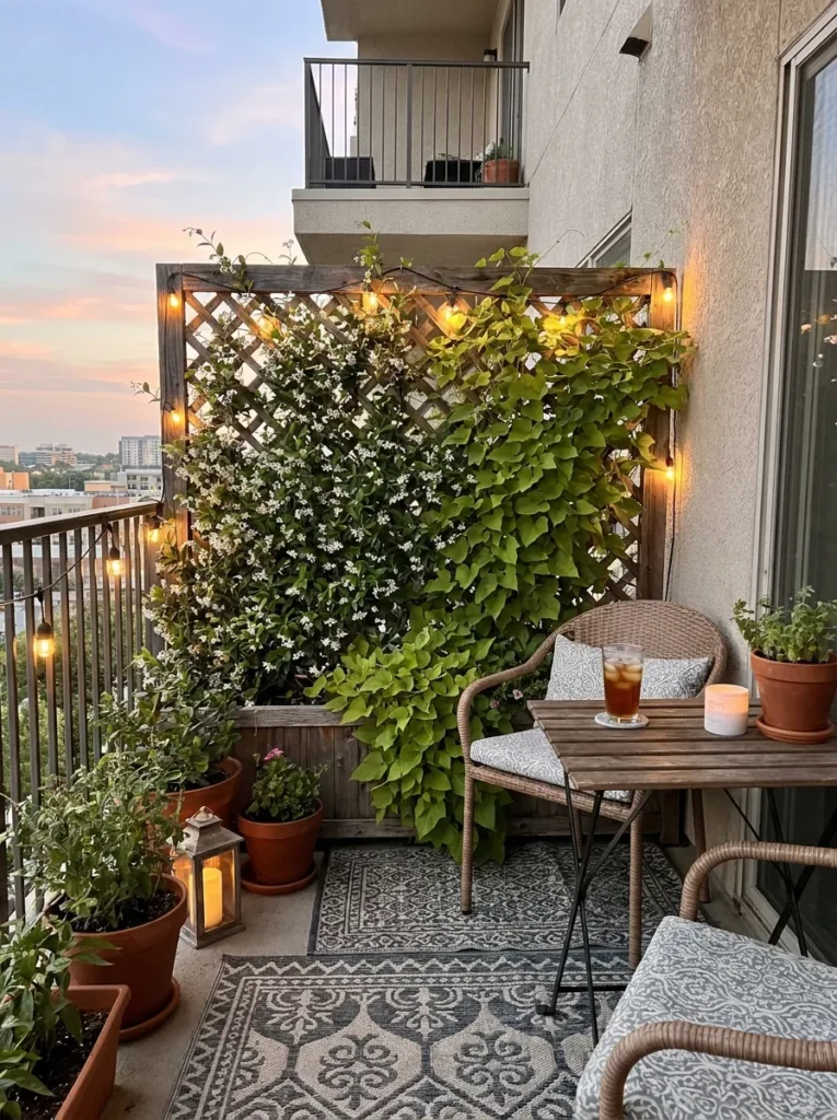 Freestanding wooden trellis with star jasmine – living privacy wall for balcony