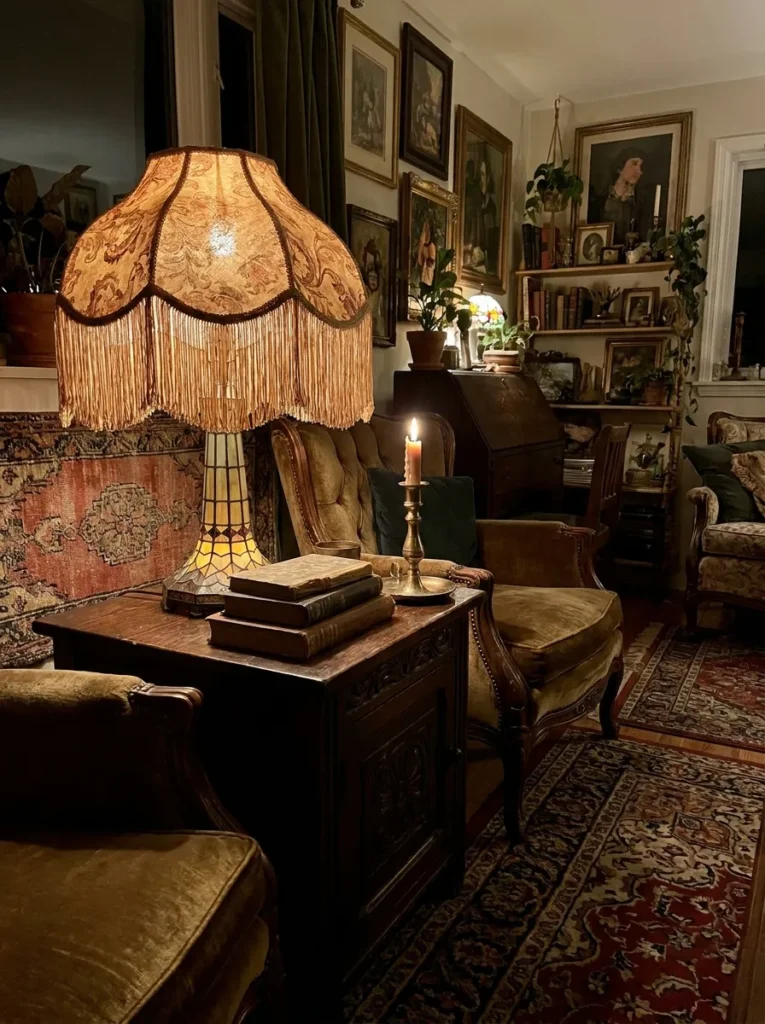 Fringed table lamp and brass candlestick casting an amber glow – vintage lighting