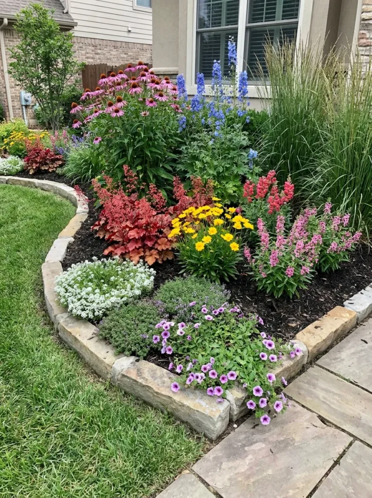 Front flower beds for curb appeal – layered and low maintenance