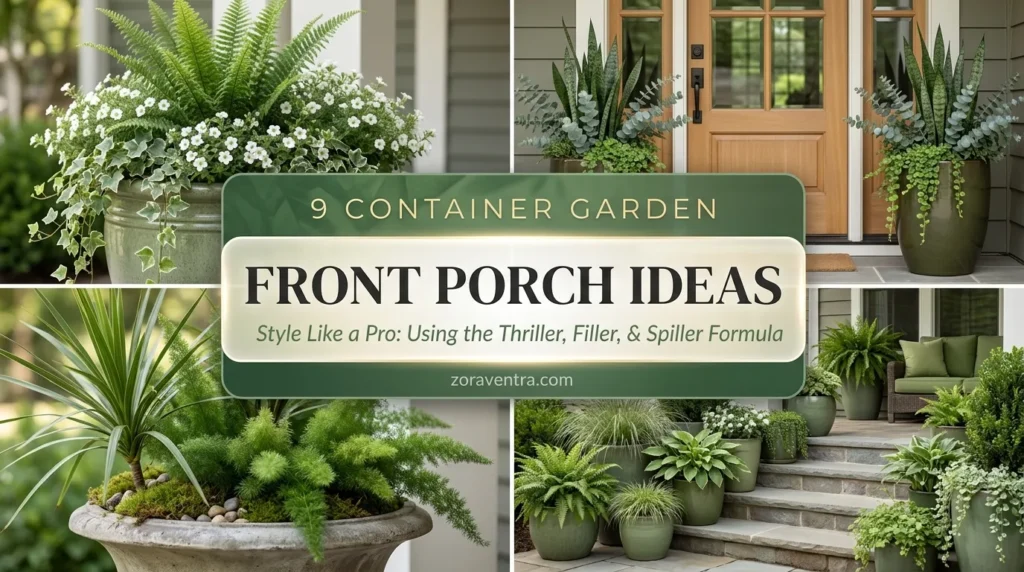 Front porch container garden ideas with tall medium trailing layering, beautiful planters and hanging baskets for a welcoming entryway