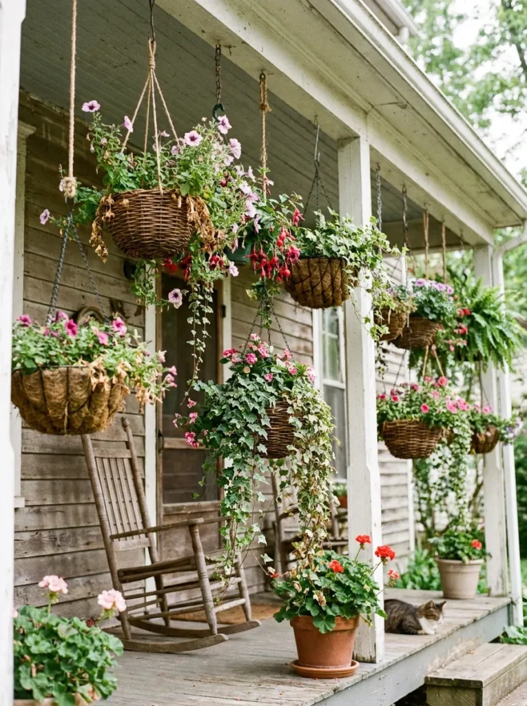 Front porch hanging basket ideas – vertical drama and color
