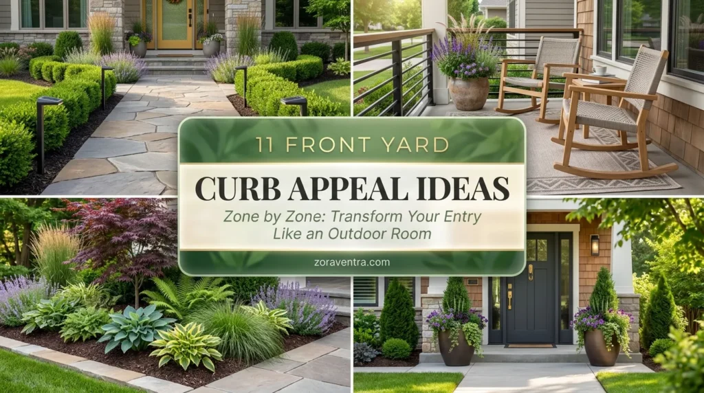 Front yard curb appeal ideas with layered flower beds, welcoming porch and beautiful landscaping for maximum first impression