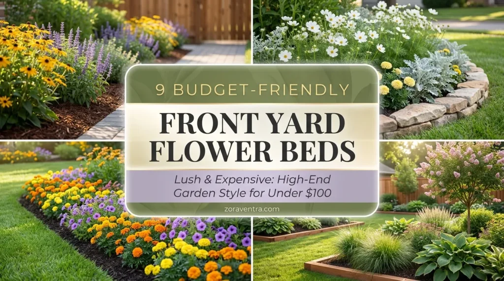 Front yard flower bed ideas on a budget with lush layered planting, thriller filler spiller method and beautiful color blocking for curb appeal