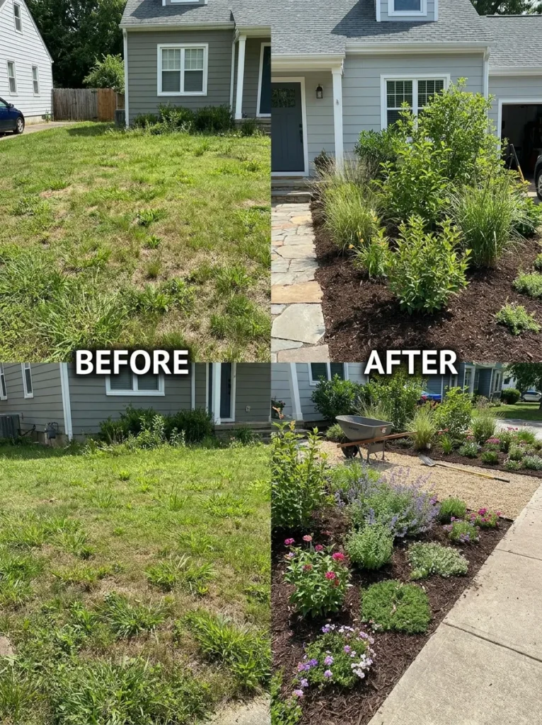 Front yard makeover with strategic planting – dramatic before and after