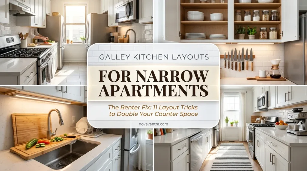 Galley kitchen layout ideas for narrow apartments featuring open upper shelving, under-cabinet lighting, over-the-sink cutting boards, and long striped runner rugs.