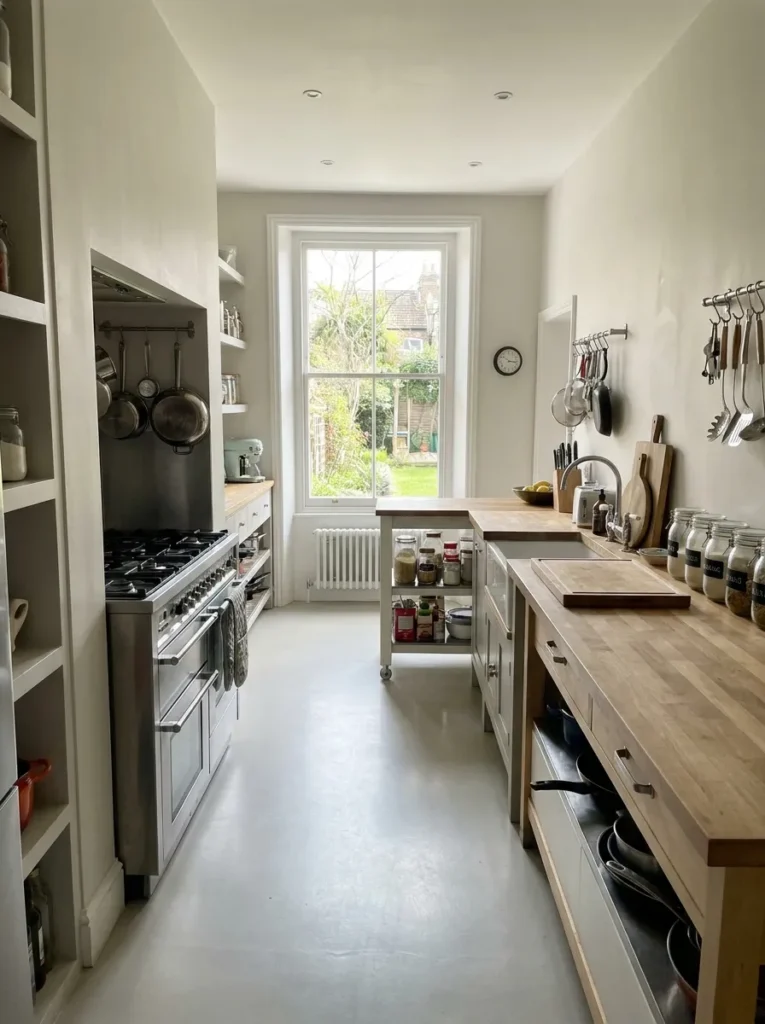 Clear workflow zones in a small apartment galley kitchen