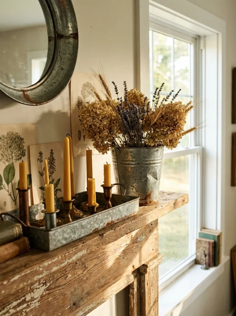 Galvanized metal on summer mantel – rustic warmth and contrast