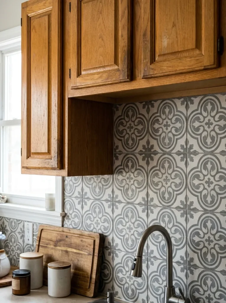 Geometric patterned encaustic tile distracting from honey oak cabinets