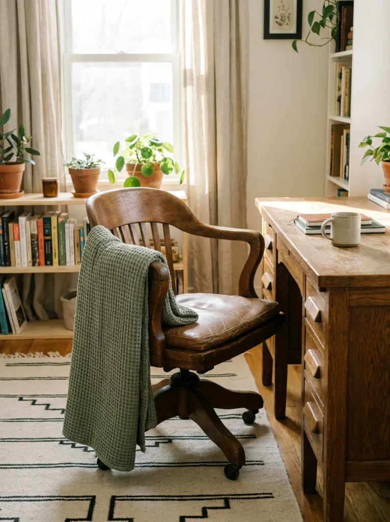 Woven geometric rug and cozy blanket on an office chair