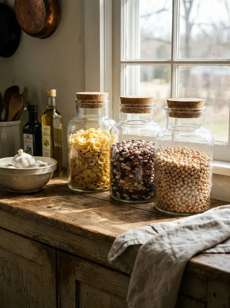 Glass apothecary jars filled with pasta and beans on a counter.