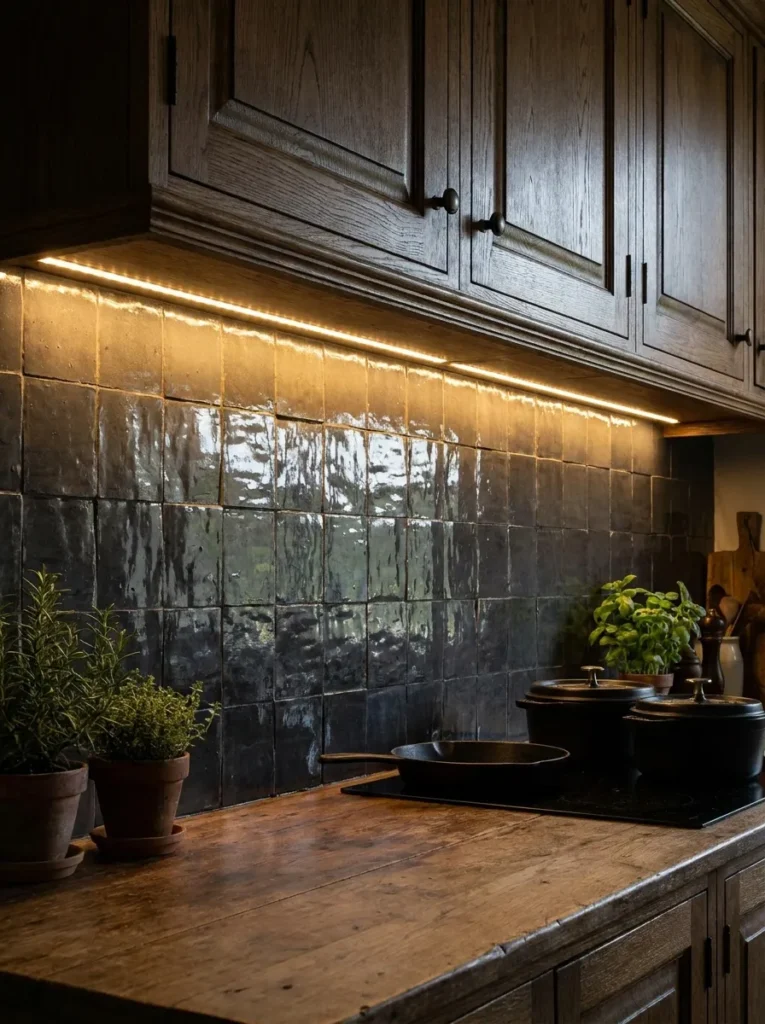 Glossy charcoal Zellige tile reflecting light under oak cabinets