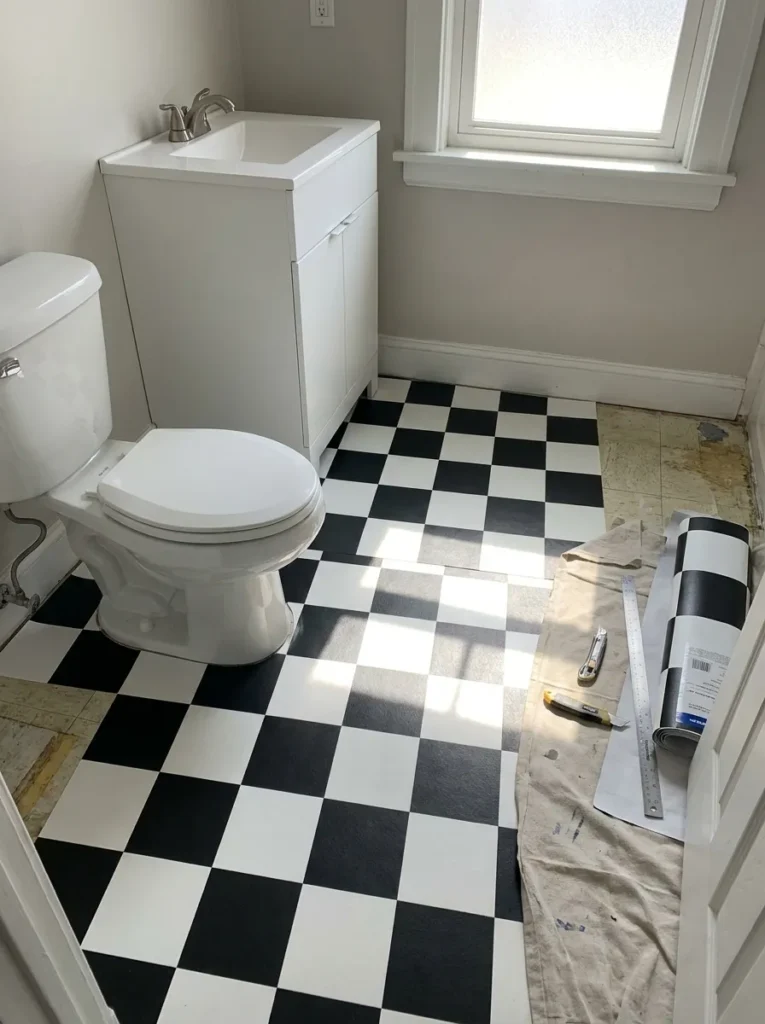 Black and white checkerboard peel and stick floor in a powder room