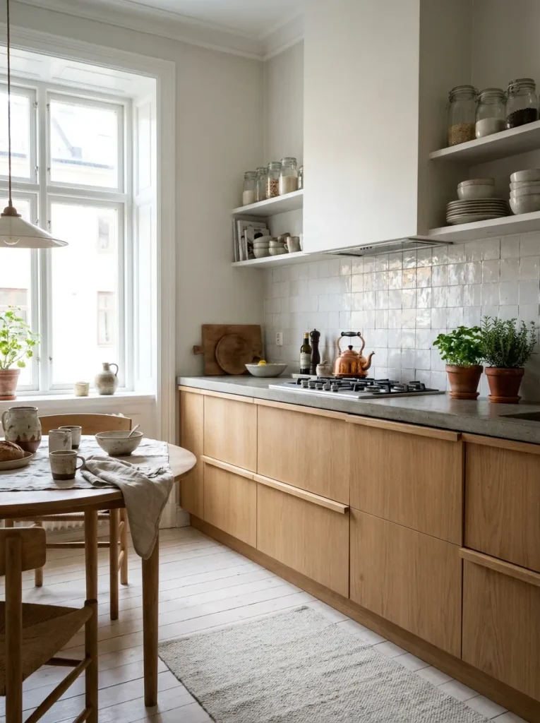 Imperfect handmade white Zellige tile backsplash with natural oak cabinets