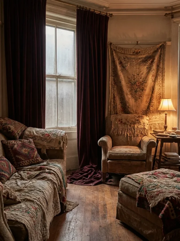 Heavy velvet curtains and fringed tapestry – layering textiles for moody maximalism
