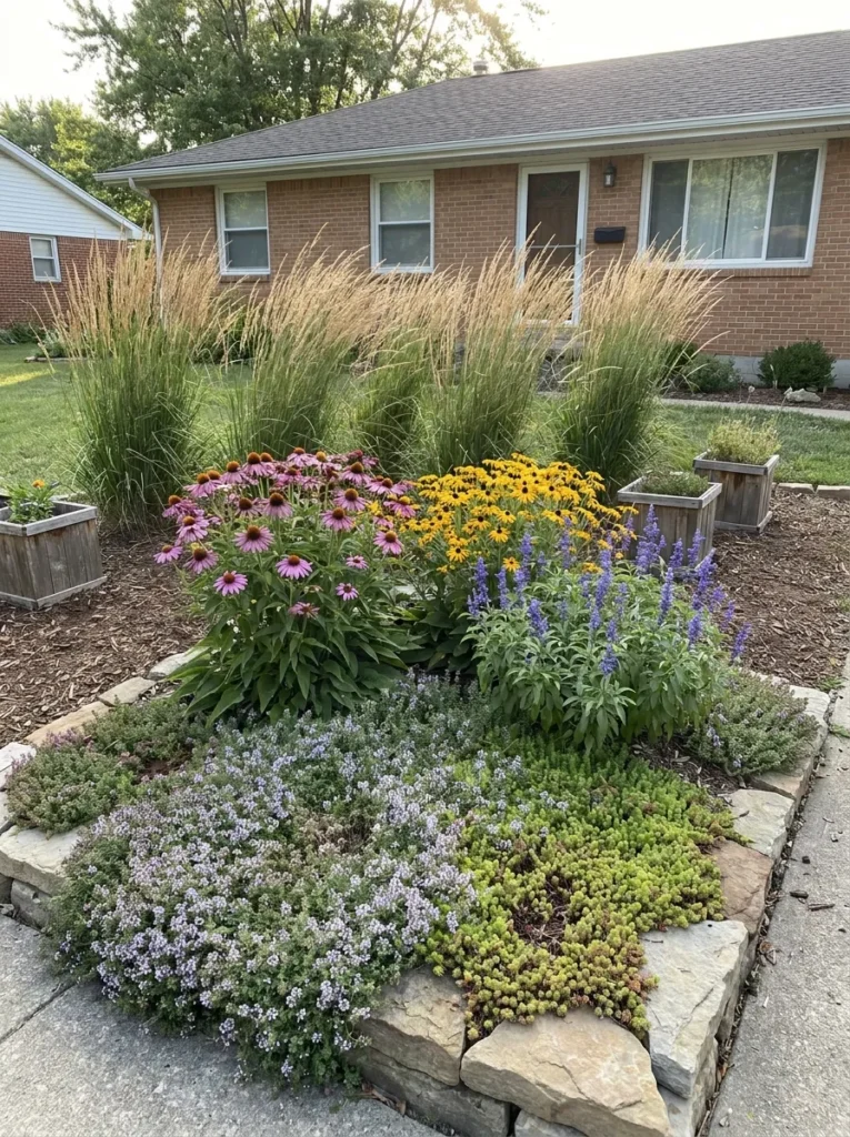 Height variation in front yard flower bed – creates expensive layered look