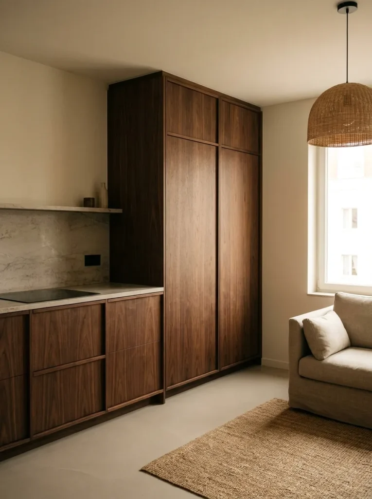 Pocket door cabinet hiding small appliances from living room view