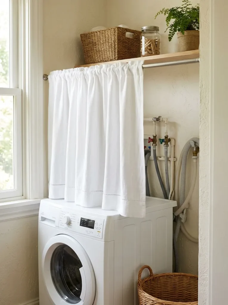 Linen cafe curtain on a tension rod hiding laundry room pipes