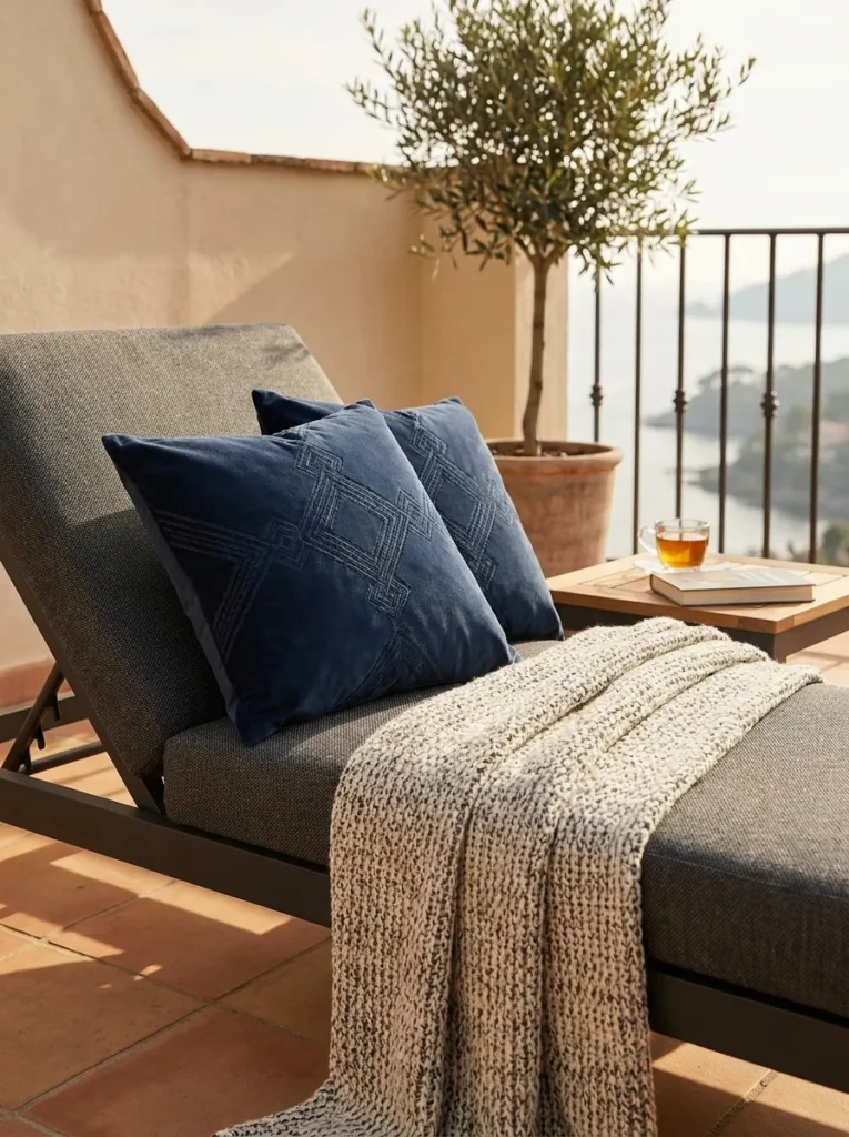 High-end plush outdoor pillows and woven blanket – luxury textiles for a designed balcony