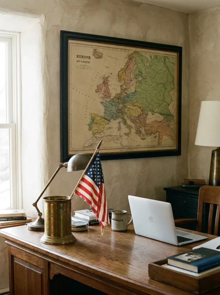 Home office with vintage map and a small brass flag on the desk.
