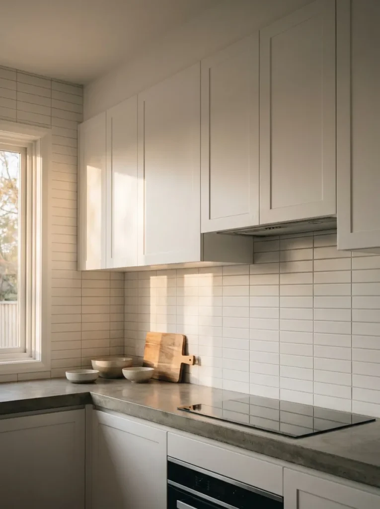 Horizontal stacked subway tile grid beneath white shaker cabinets