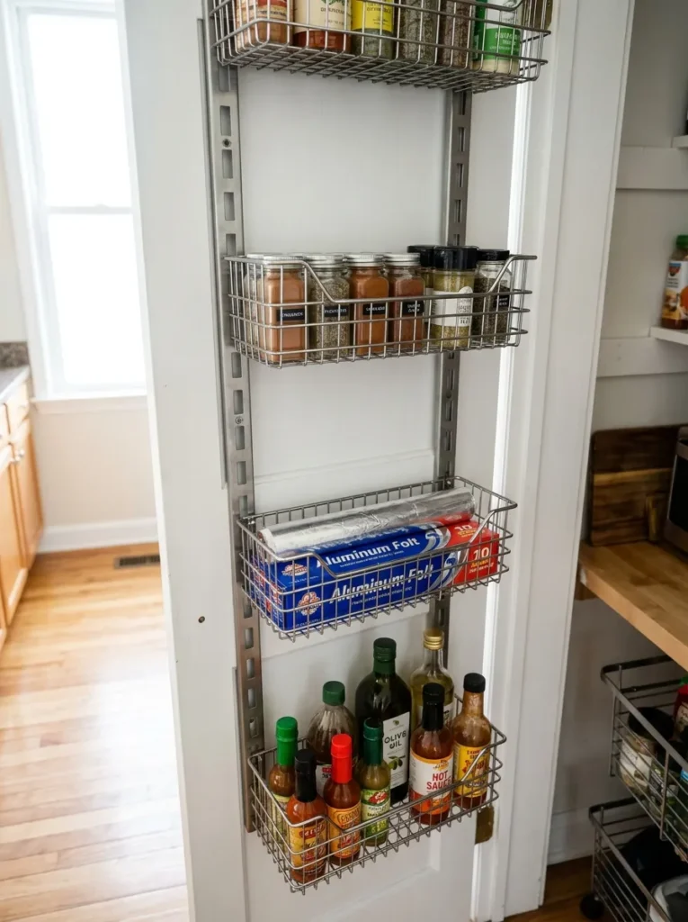 Over the door wire basket organizer on a pantry door