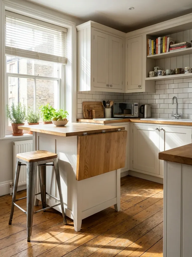 Small kitchen island with an extended drop leaf for seating